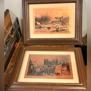 Vintage Framed Castle Prints - Set of 2 in Brown Frames